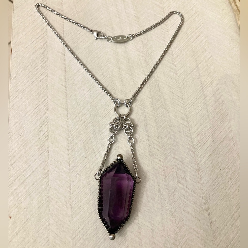Natural big purple amethyst crystal gemstone boho goth maille steel necklace - Picture 5 of 16